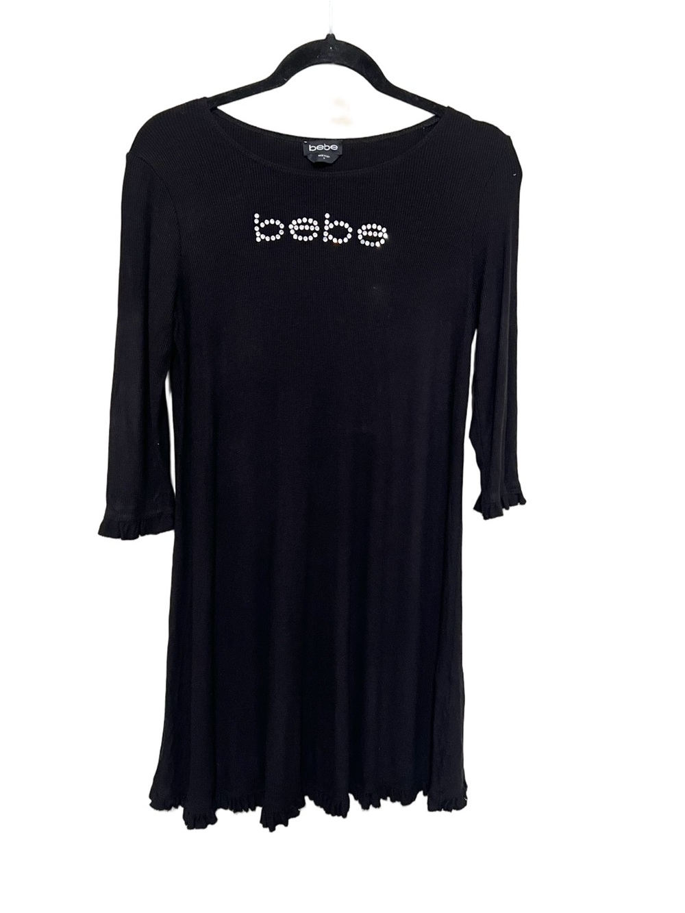 Bebe Y2K M Rhinestone Flare Ruffle Trim Dress Mall Glam Bling Going Out Ribbed